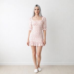 Red White Smocked Mini Dress Size S Strawberry Print Puff Sleeve Ruffle Stretch